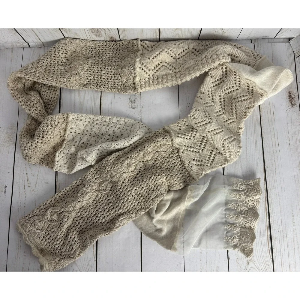 Boho Mixed Knit Patchwork Scarf Cream Beige Lace Trim Crochet Pointelle 2315